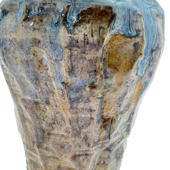 Studio Pottery 8" Vase Blue Tan Heavy Drip Chunky Texture Glossy Artist Signed - Picture 6 of 12